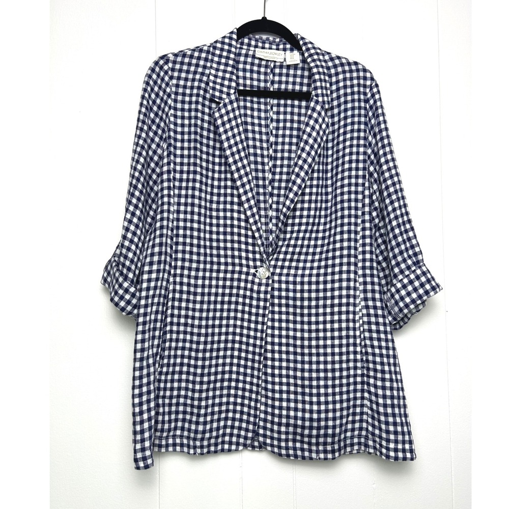Cynthia‎ Rowley Womens M Navy White Gingham 100% Linen Blazer Jacket Spring